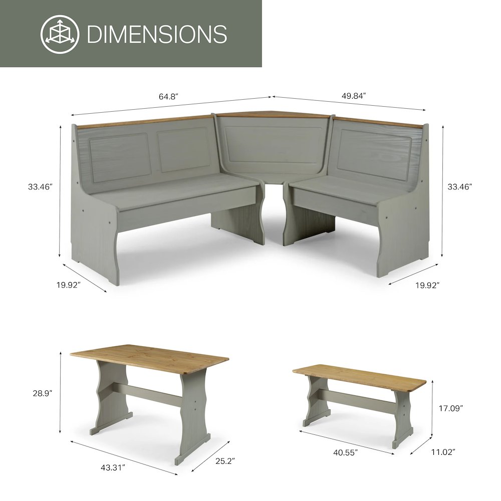 Solid Pine Corner Dining Booth in Corona Gray