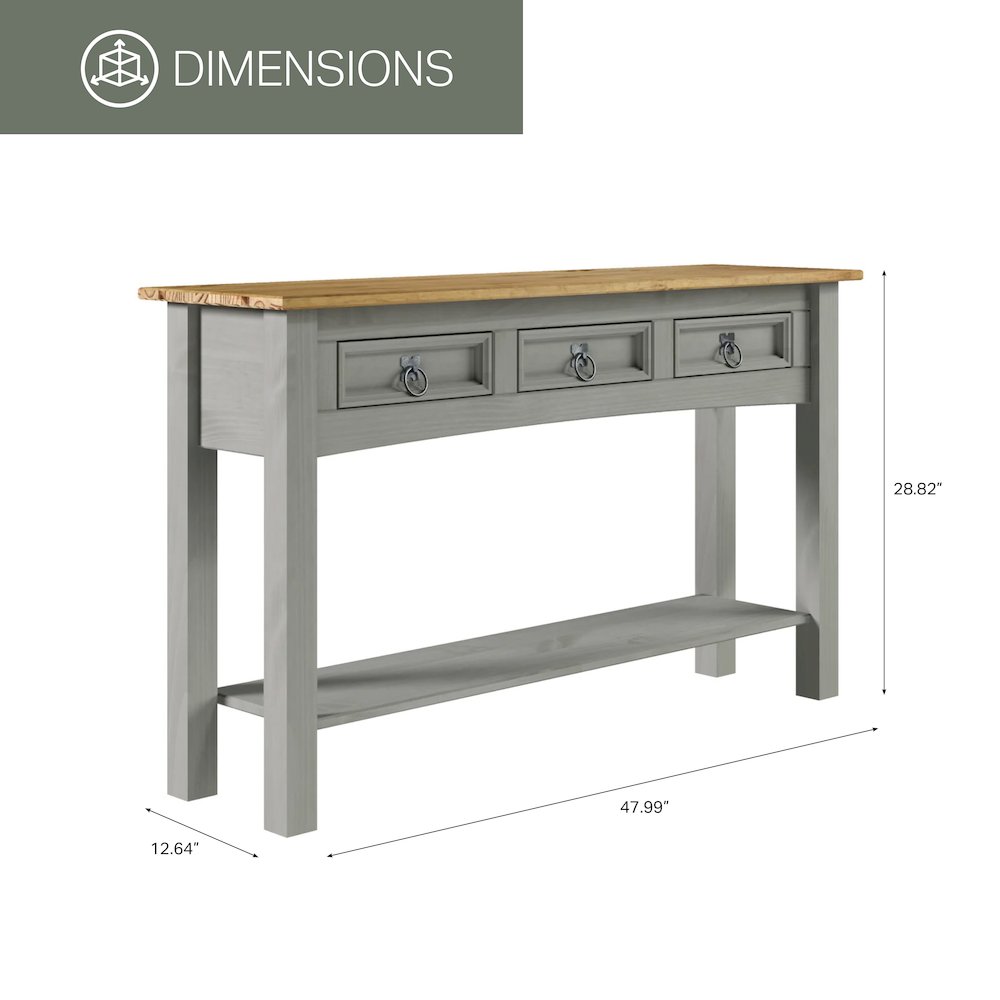 Wood Three Drawer Hall Table Console in Corona Gray