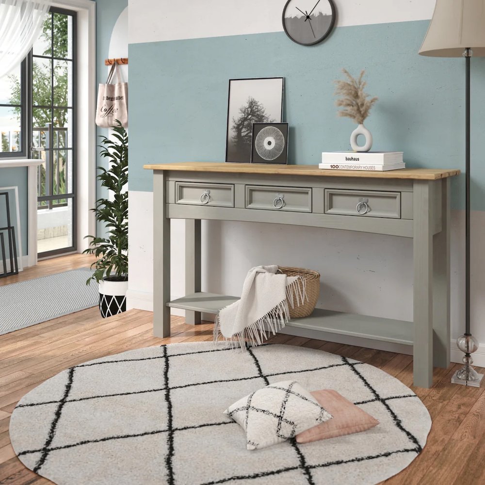 Wood Three Drawer Hall Table Console in Corona Gray