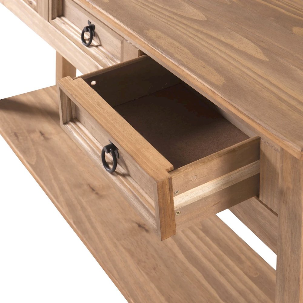 Wood Three Drawer Hall Table Console in Corona Brown