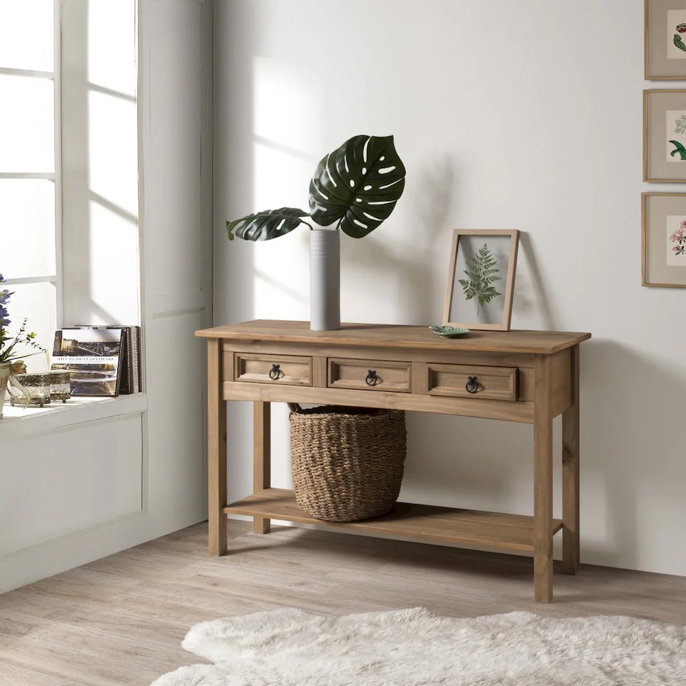 Wood Three Drawer Hall Table Console in Corona Brown