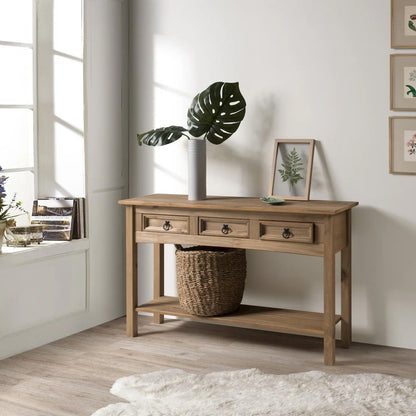 Wood Three Drawer Hall Table Console in Corona Brown