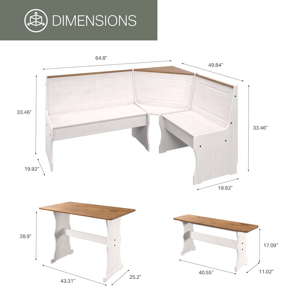 Solid Pine Corner Dining Booth in Distressed White