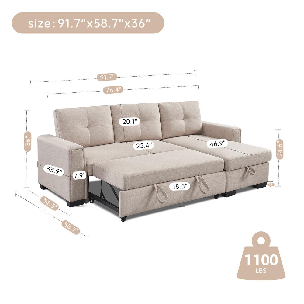 Tufted Sectional Chaise Sofa Sleeper with Storage