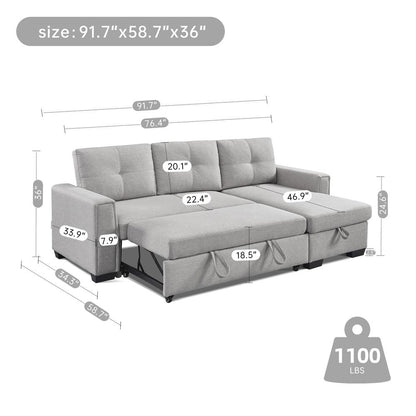 Tufted Sectional Chaise Sofa Sleeper with Storage in Light Grey