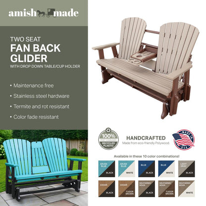 Two Seat Fan Back Glider with Drop Down Table/Cup Holder in Aruba Blue