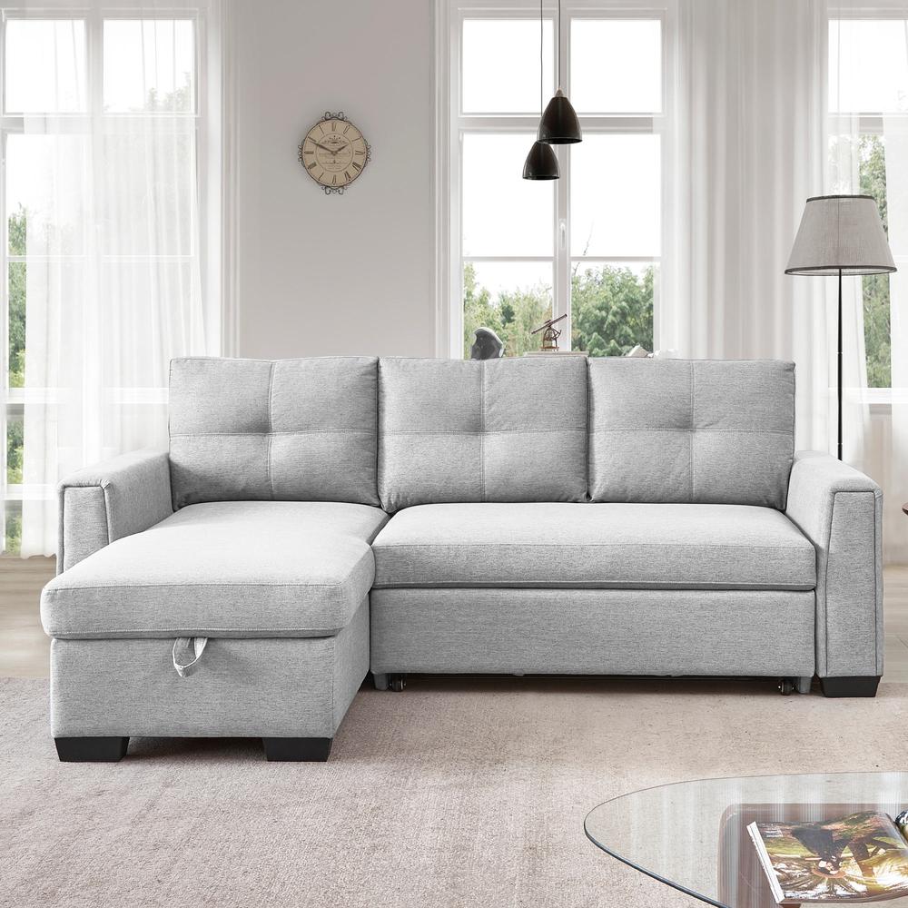 Tufted Sectional Chaise Sofa Sleeper with Storage in Light Grey