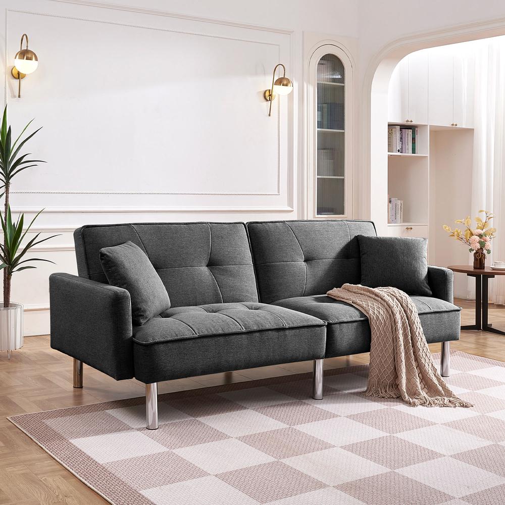Tufted Futon Convertible Sofa Sleeper with Two Throw Pillows