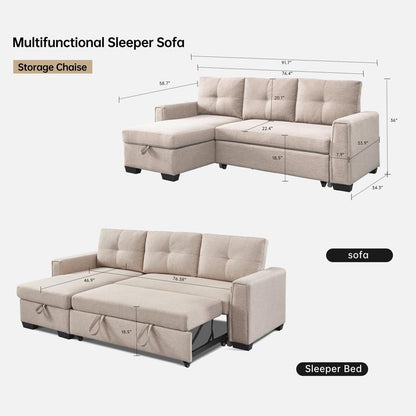Tufted Sectional Chaise Sofa Sleeper with Storage