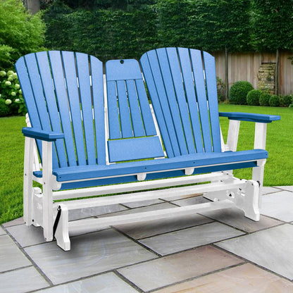 Two Seat Fan Back Glider with Drop Down Table/Cup Holder in Blue