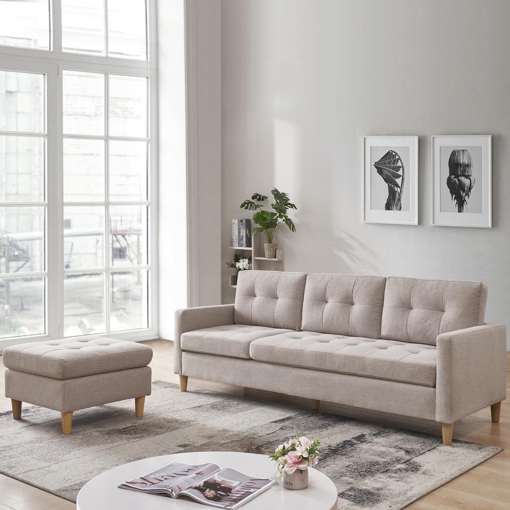 Two Piece Upholstered Tufted L Shaped Sectional with Ottoman in Beige