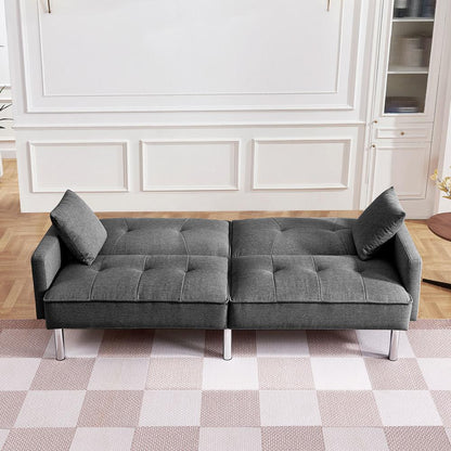 Tufted Futon Convertible Sofa Sleeper with Two Throw Pillows