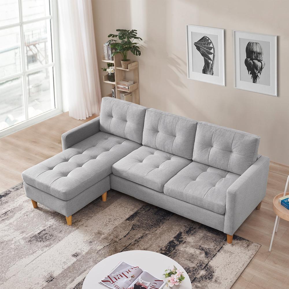 Two Piece Upholstered Tufted L Shaped Sectional with Ottoman in Light Grey