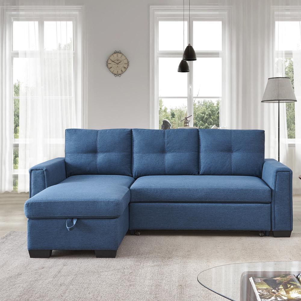 Tufted Sectional Chaise Sofa Sleeper with Storage in Blue