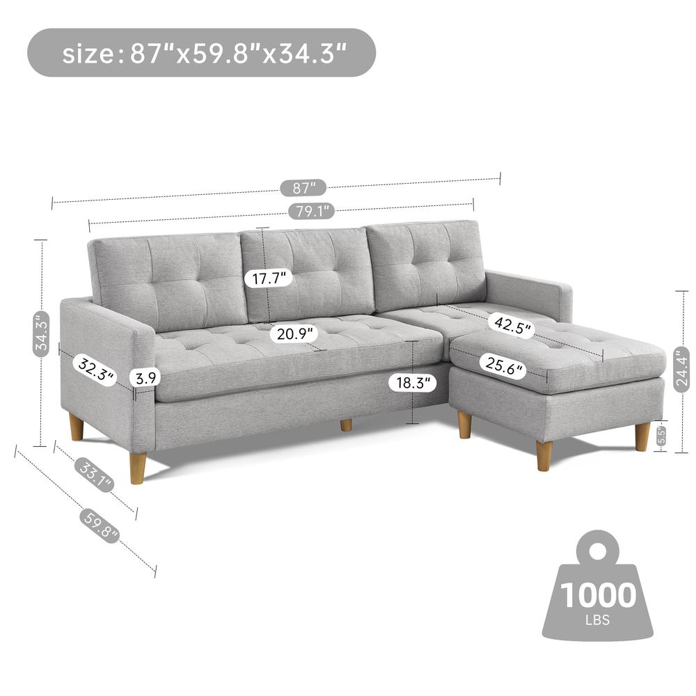 Two Piece Upholstered Tufted L Shaped Sectional with Ottoman in Light Grey