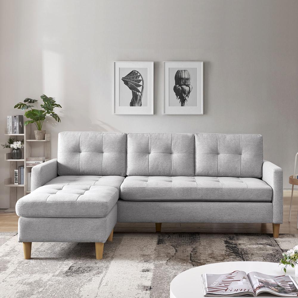 Two Piece Upholstered Tufted L Shaped Sectional with Ottoman in Light Grey