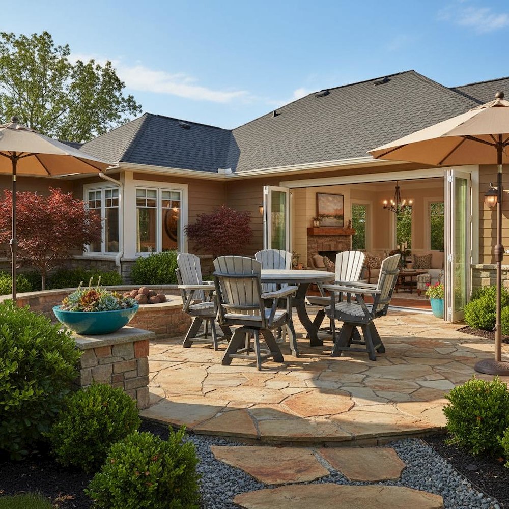 Round Dining Set, 5-Piece, All-Weather HDPE, Umbrella Hole, Gray