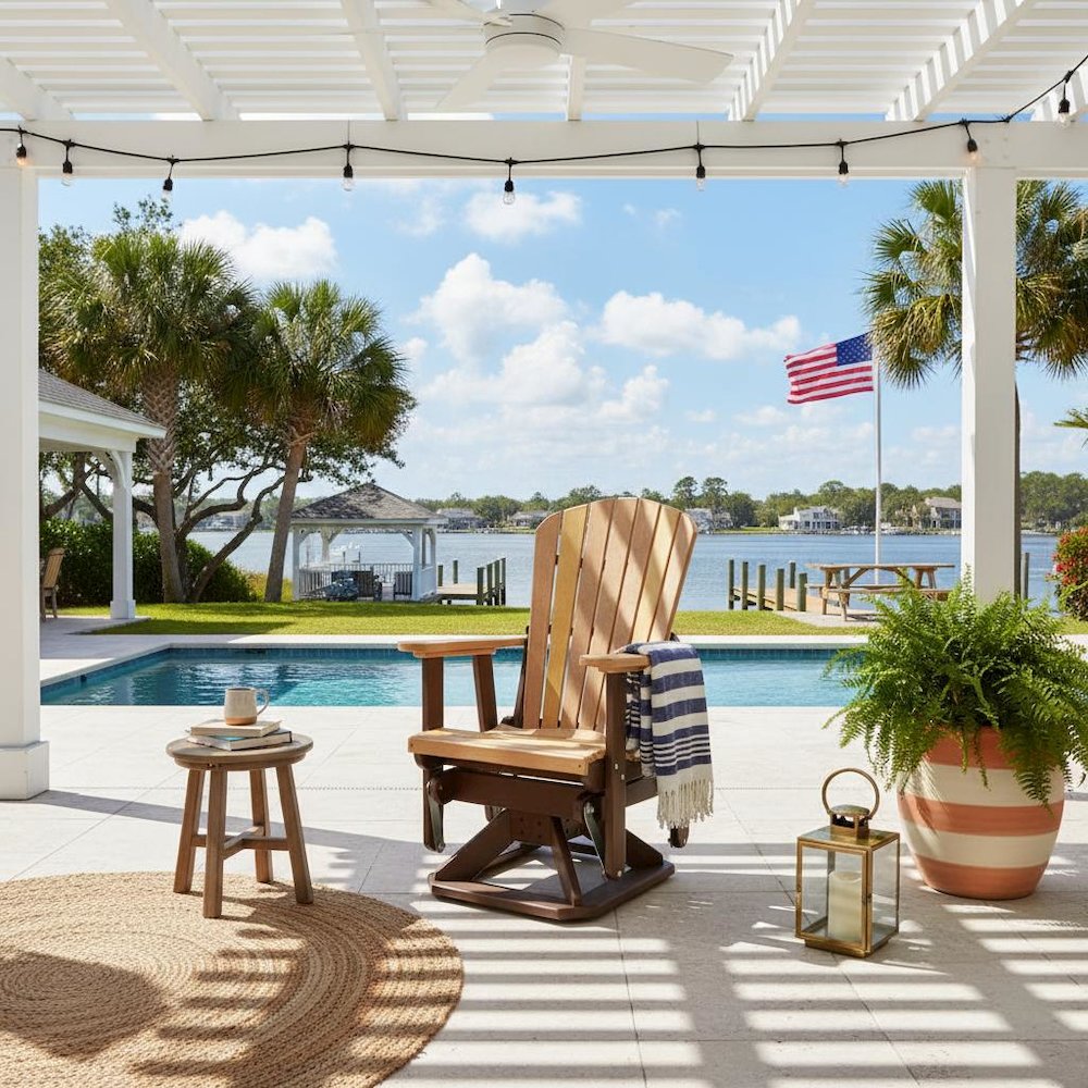 Fan Back Swivel Glider, Cedar Brown, Heavy Duty Polyethylene, Porch Seating