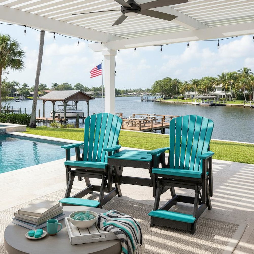 Double Balcony Height Glider, Elevated 2-Seater, Center Table, HDPE, Blue