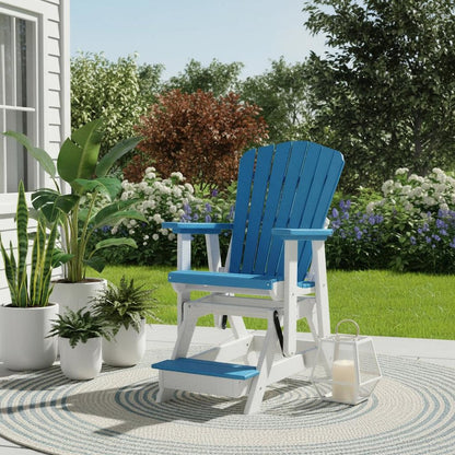 Balcony Glider Chair, Blue White, Elevated Seating, Heavy Duty Poly