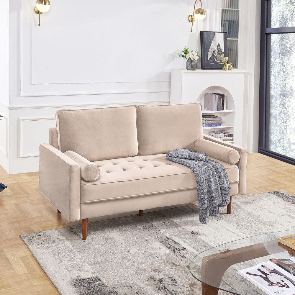 69 Inch Wide Upholstered Two Cushion Sofa with Bolster Pillows