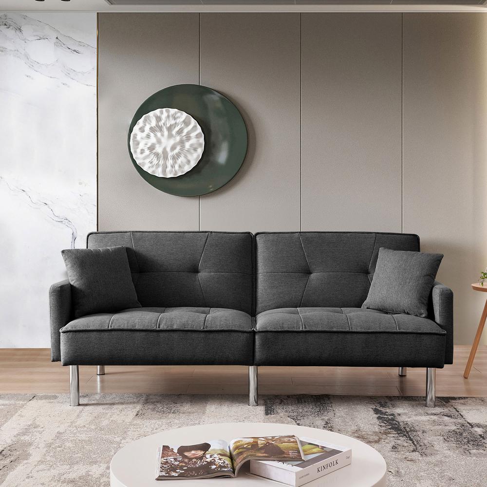 Tufted Futon Convertible Sofa Sleeper with Two Throw Pillows
