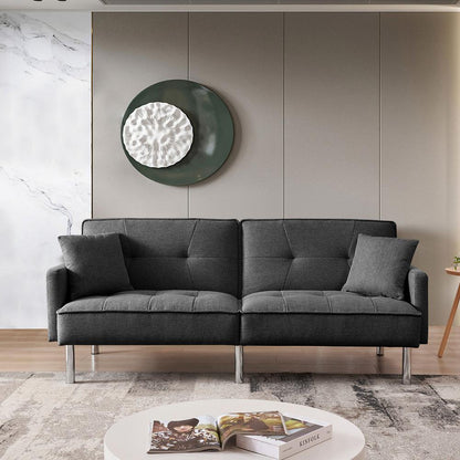 Tufted Futon Convertible Sofa Sleeper with Two Throw Pillows