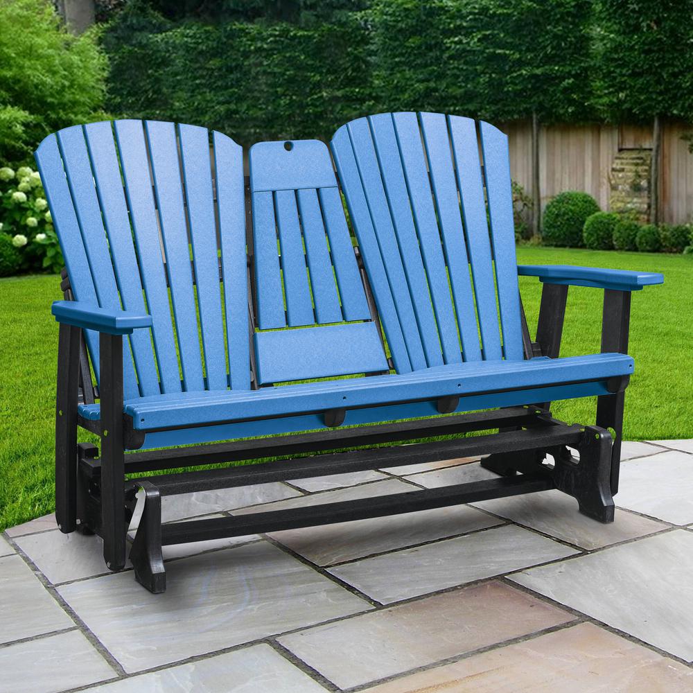 Two Seat Fan Back Glider with Drop Down Table/Cup Holder in Blue