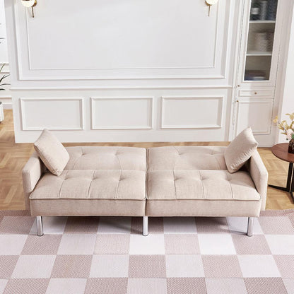 Tufted Futon Convertible Sofa Sleeper with Two Throw Pillows