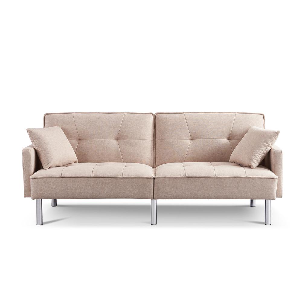 Tufted Futon Convertible Sofa Sleeper with Two Throw Pillows