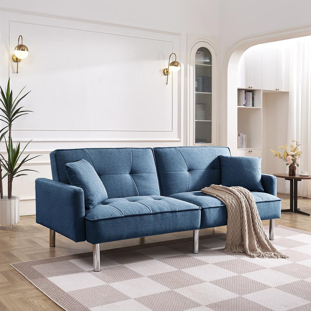 Tufted Futon Convertible Sofa Sleeper with Two Throw Pillows