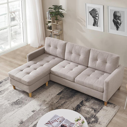 Two Piece Upholstered Tufted L Shaped Sectional with Ottoman in Beige