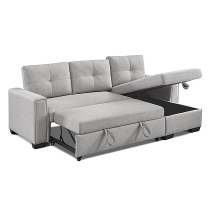 Tufted Sectional Chaise Sofa Sleeper with Storage in Light Grey