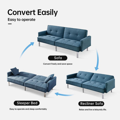 Tufted Futon Convertible Sofa Sleeper with Two Throw Pillows