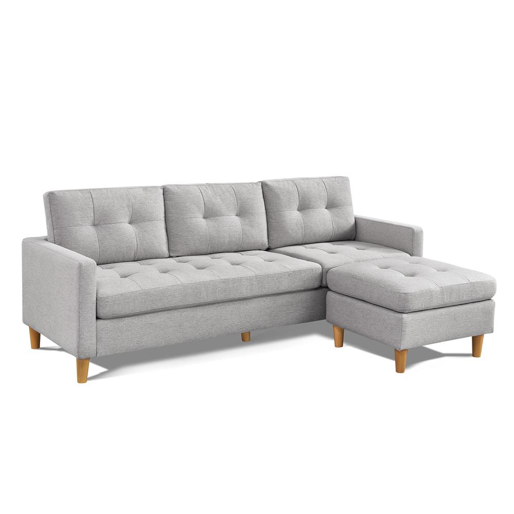 Two Piece Upholstered Tufted L Shaped Sectional with Ottoman in Light Grey