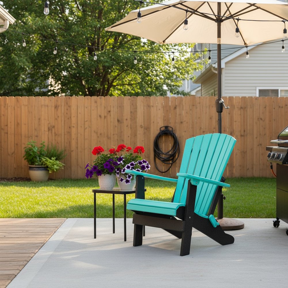 Fan Back Folding Adirondack Chair, Aruba Blue Black, Heavy Duty, Recycled Poly