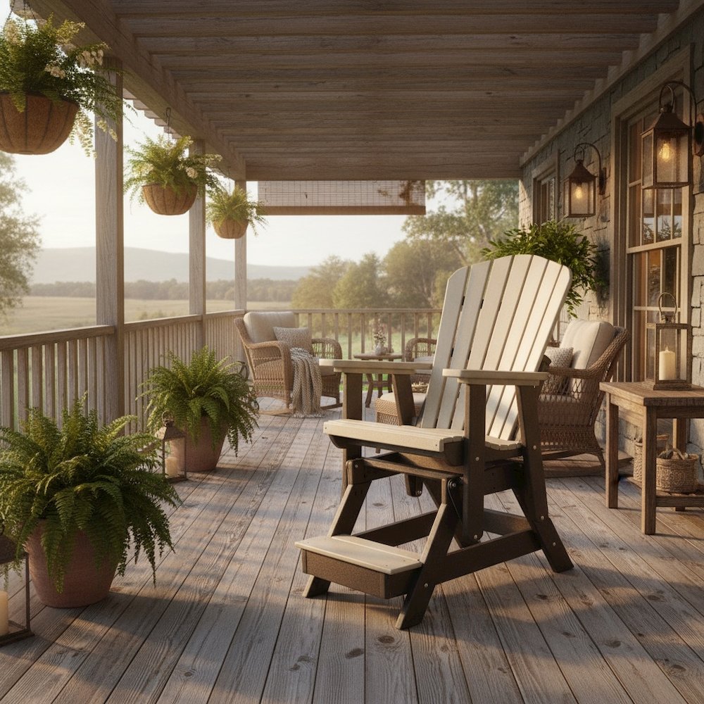 Balcony Glider Chair, Weatherwood Brown, Elevated Seating, Heavy Duty Poly