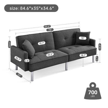 Tufted Futon Convertible Sofa Sleeper with Two Throw Pillows