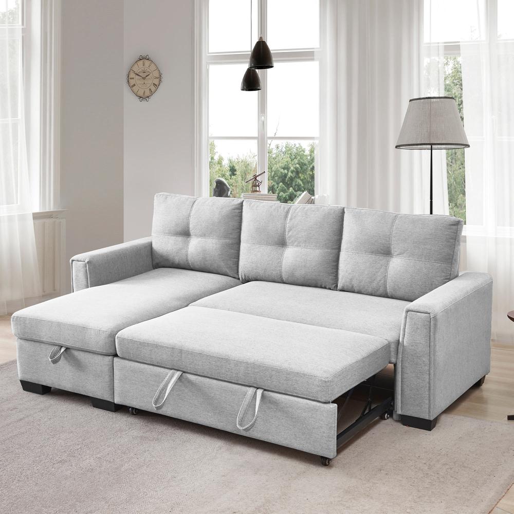 Tufted Sectional Chaise Sofa Sleeper with Storage in Light Grey