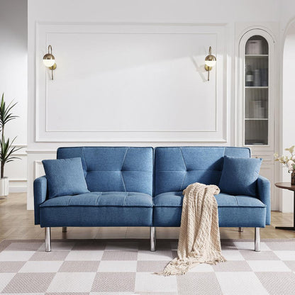 Tufted Futon Convertible Sofa Sleeper with Two Throw Pillows