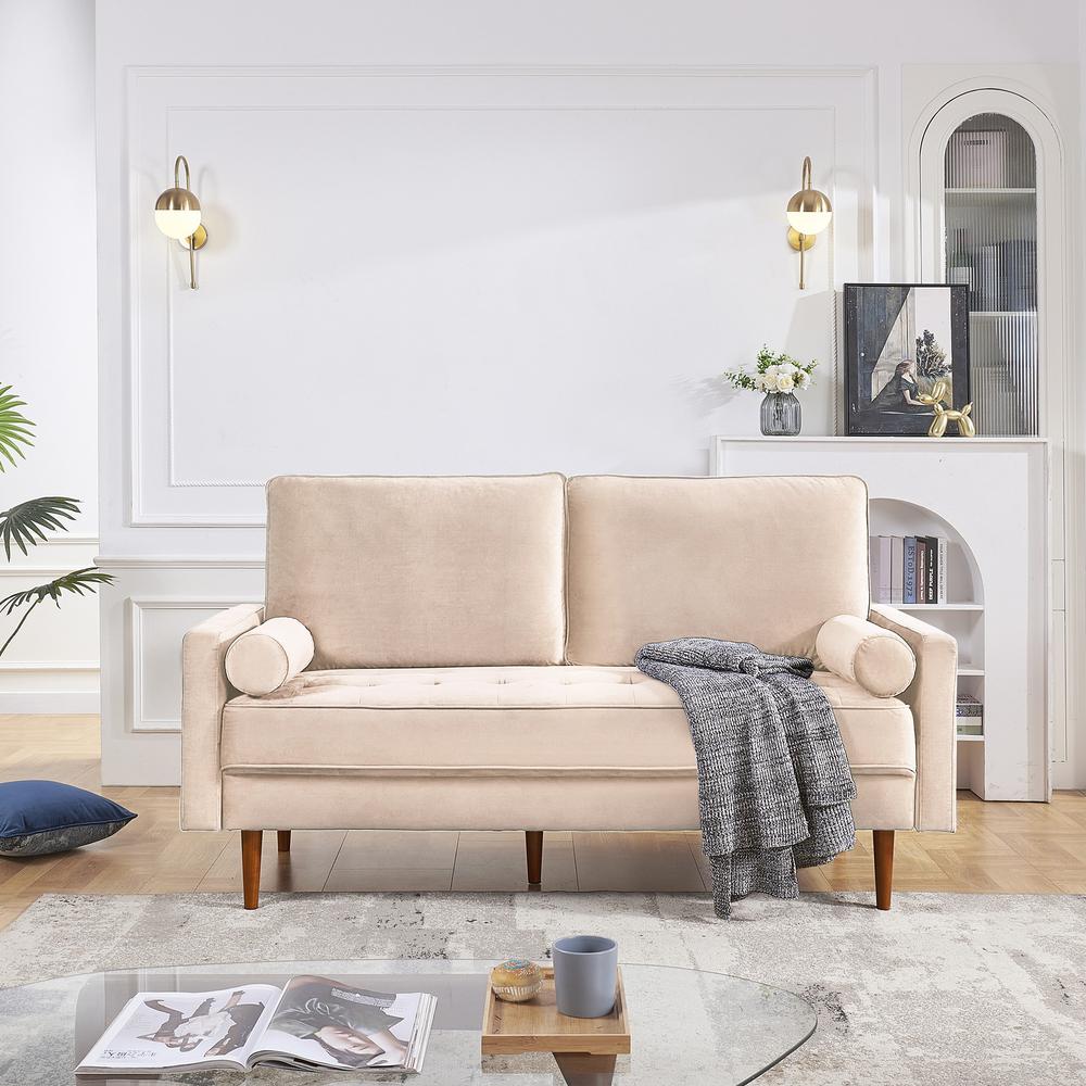 69 Inch Wide Upholstered Two Cushion Sofa with Bolster Pillows