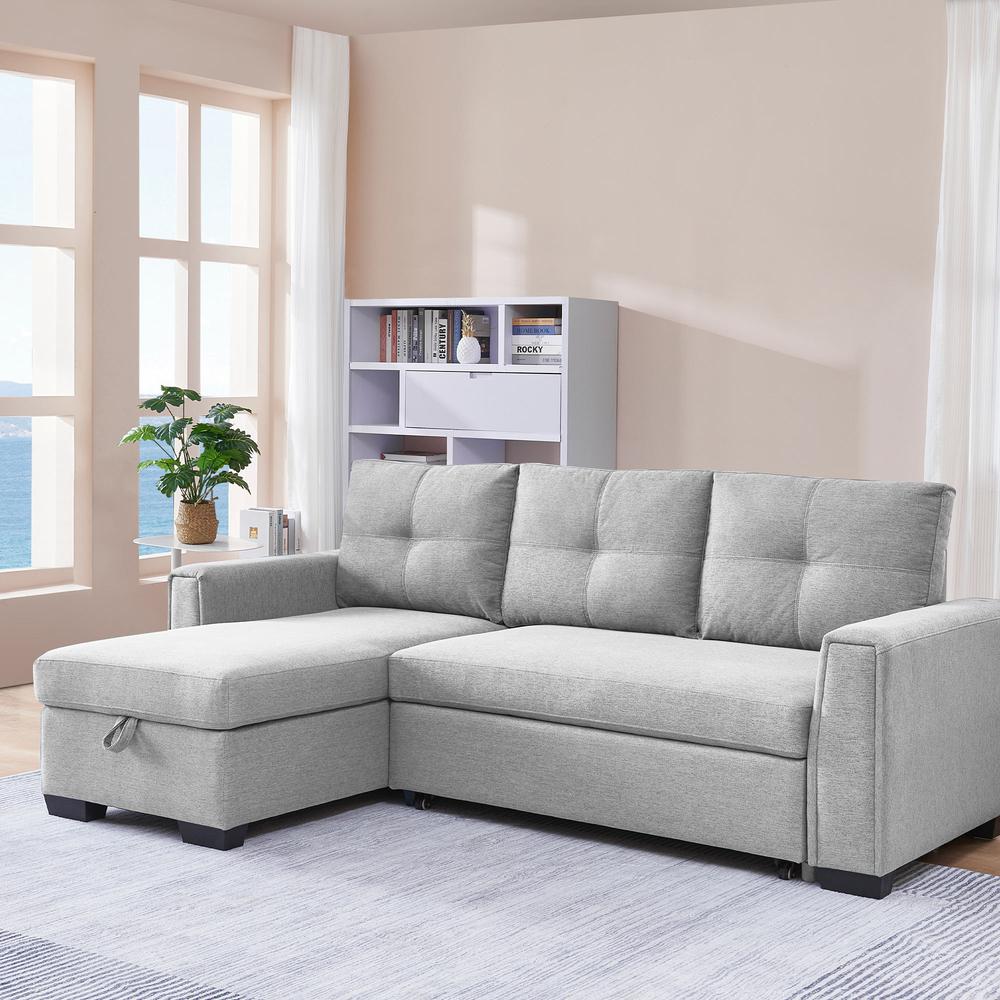 Tufted Sectional Chaise Sofa Sleeper with Storage in Light Grey