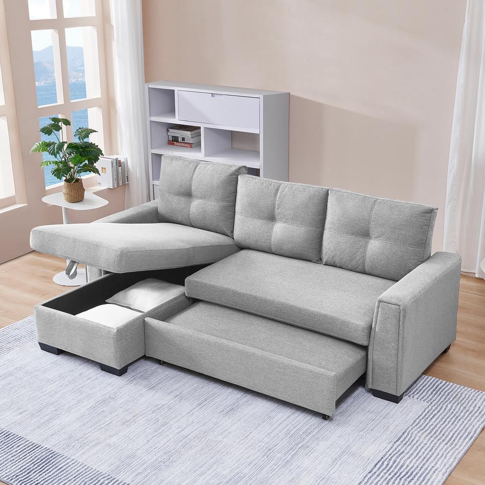 Tufted Sectional Chaise Sofa Sleeper with Storage in Light Grey
