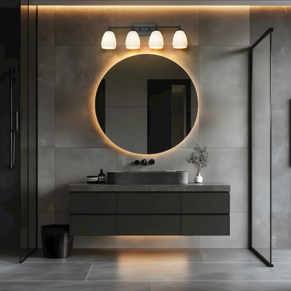 Z-Lite Oren 4 Light Vanity in Matte Black color, Steel frame