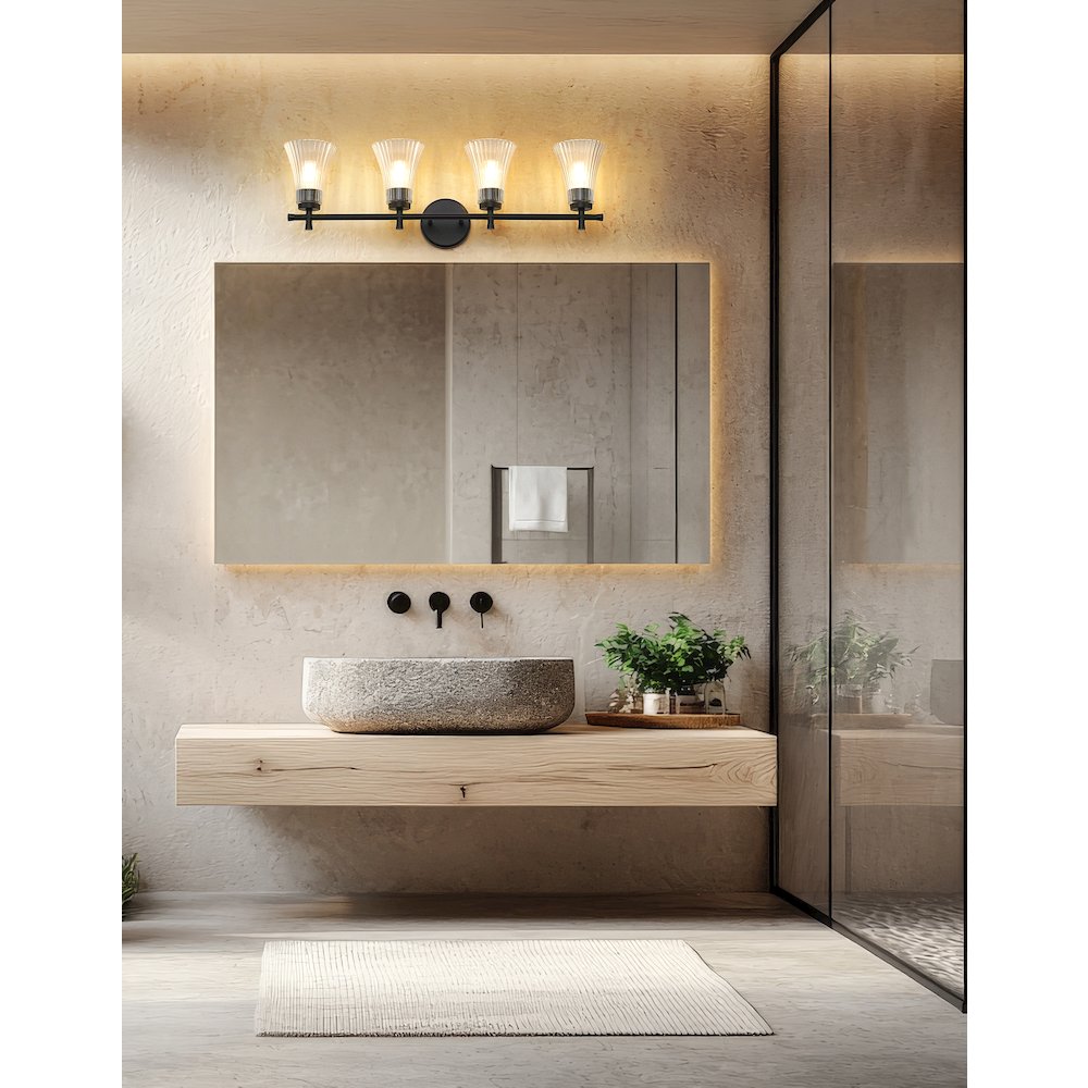 Z-Lite Belle 4 Light Vanity in Matte Black color, Steel frame