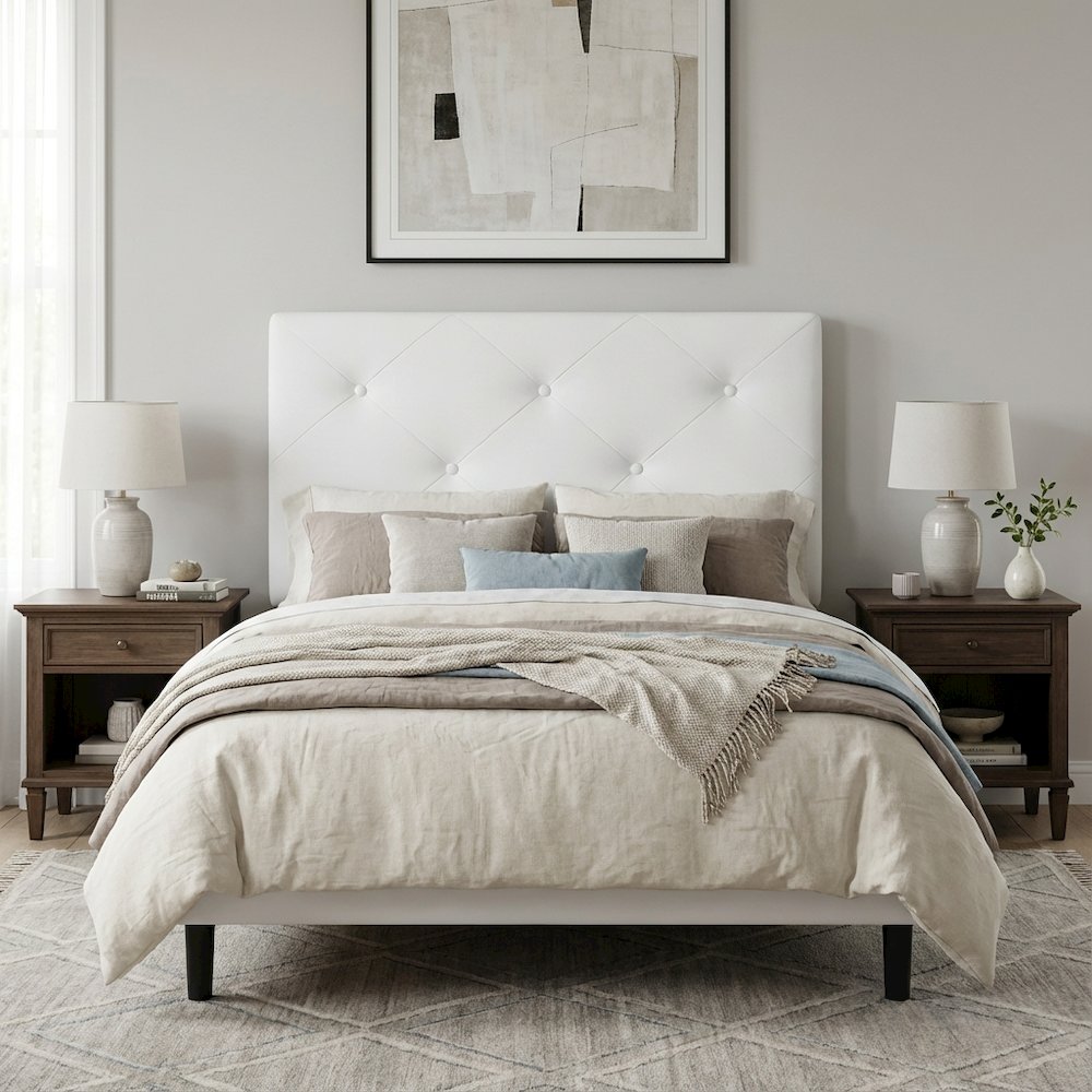 White Faux Leather Twin Headboard, Upholstered Padding, Contemporary Style