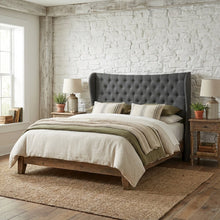 Dark Grey Fabric Queen Wingback Headboard, Button-Tufted Design, Foam Padding