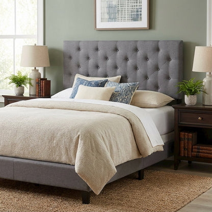 Grey Fabric Upholstered Button-Tufted Headboard with Hardwood Frame