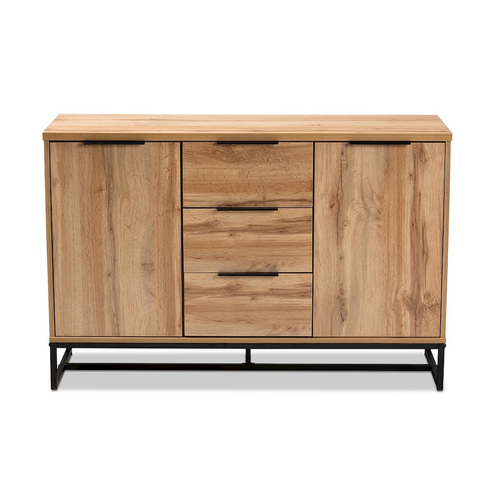 Industrial Oak Finished Wood and Black Metal 3-Drawer Sideboard Buffet