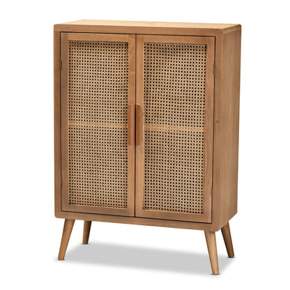 Medium Oak Finished Wood and Rattan 2-Door Accent Storage Cabinet